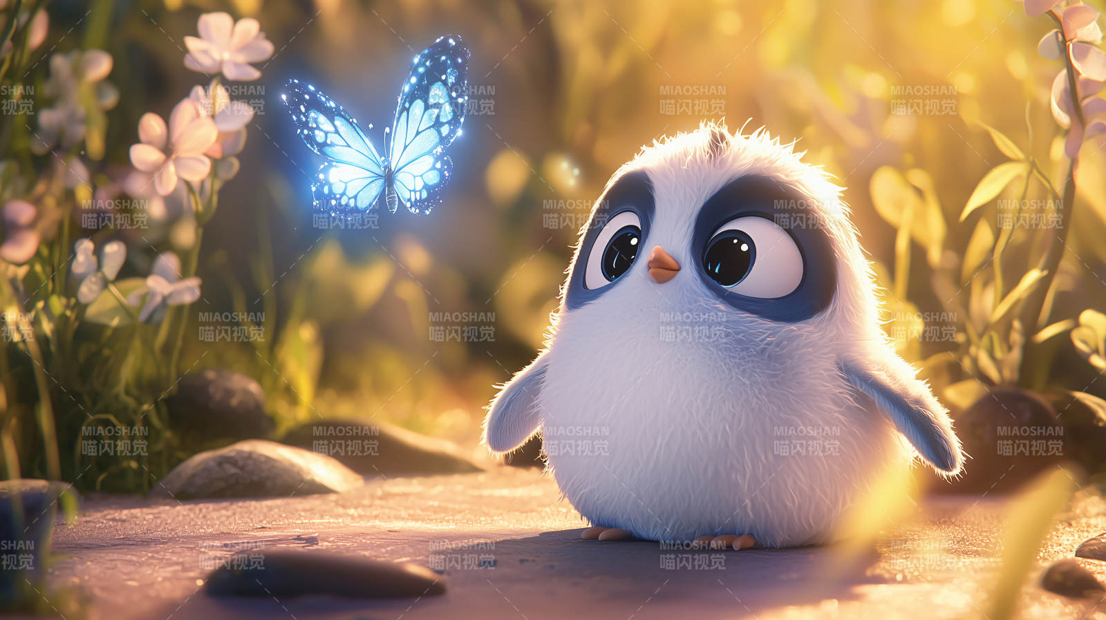 蓝色企鹅与萤火蝴蝶图片