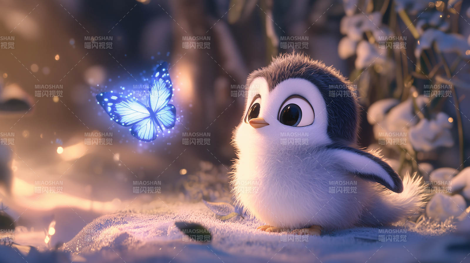 蓝色企鹅与萤火蝴蝶图片