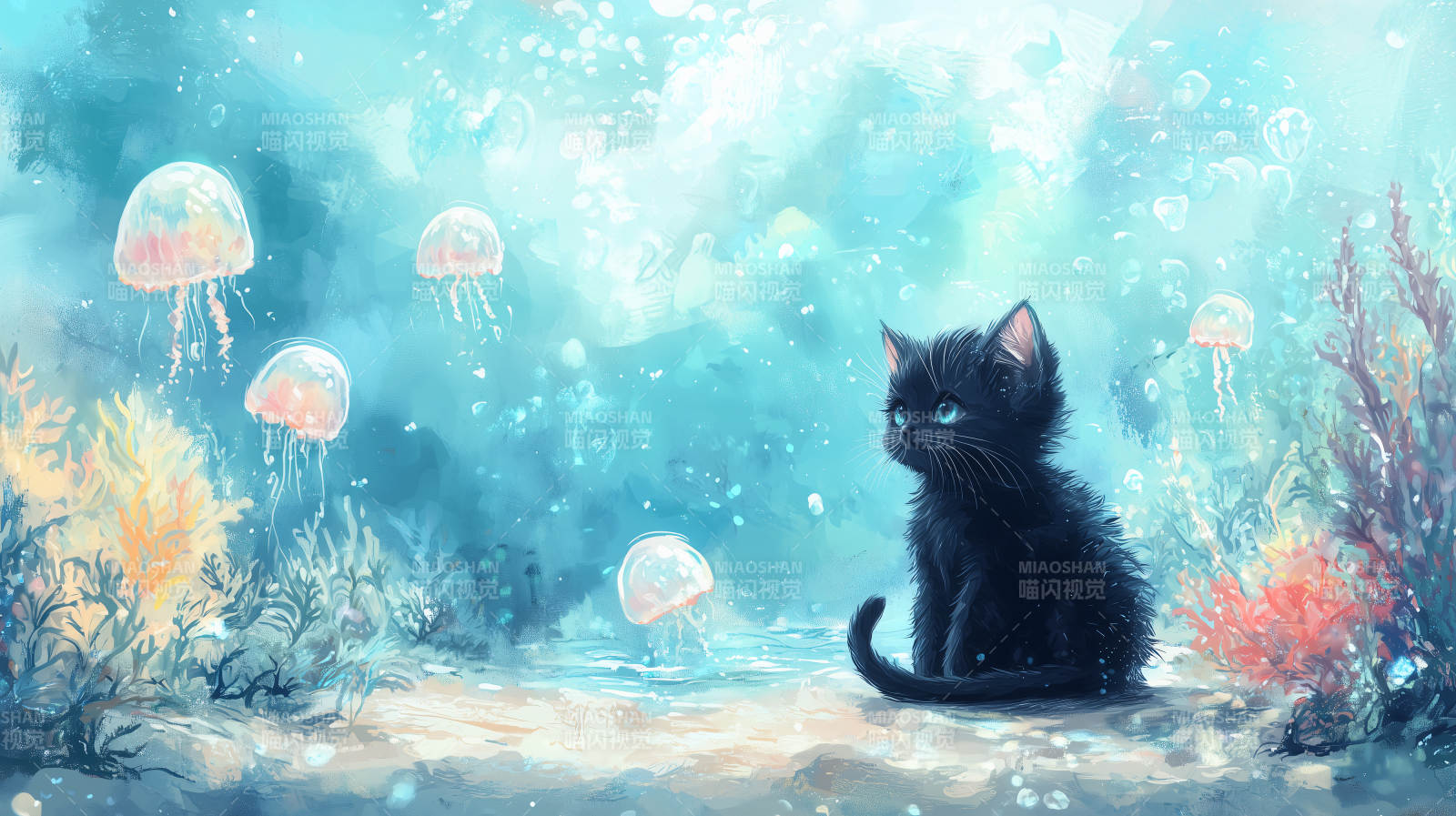 梦幻海洋与黑猫图片