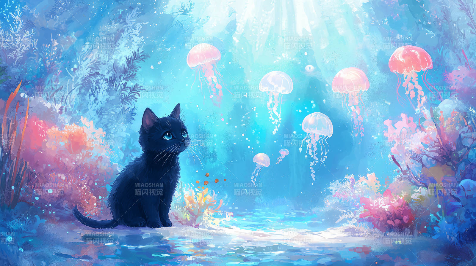 梦幻海洋与黑猫图片
