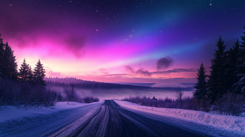 极光下的雪山公路图片