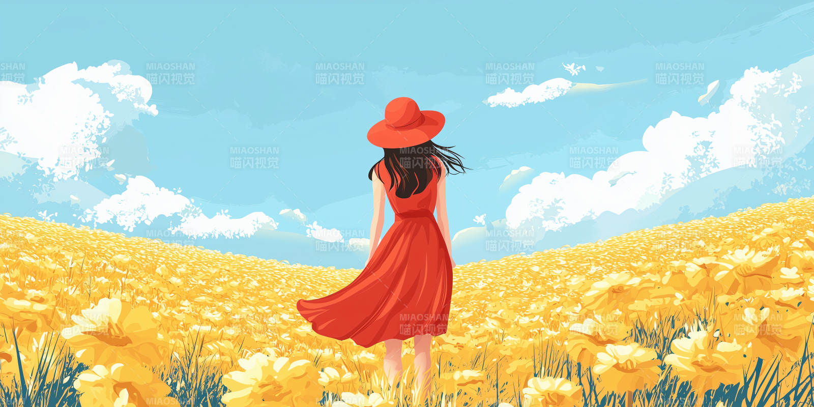 红裙女子与金色花海图片