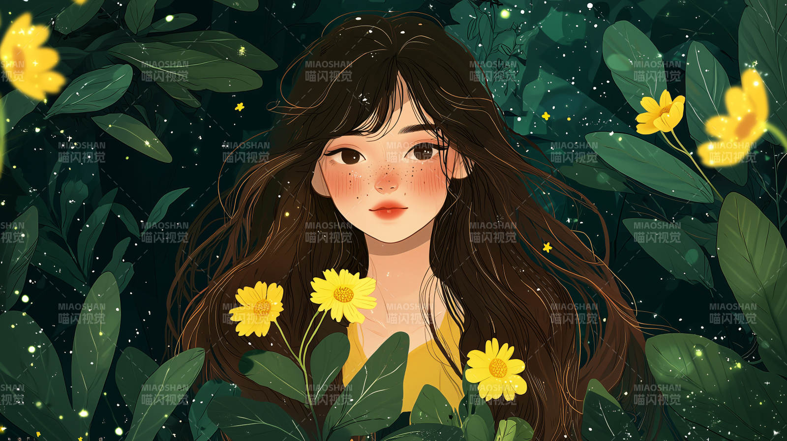 女孩与发光的花朵图片