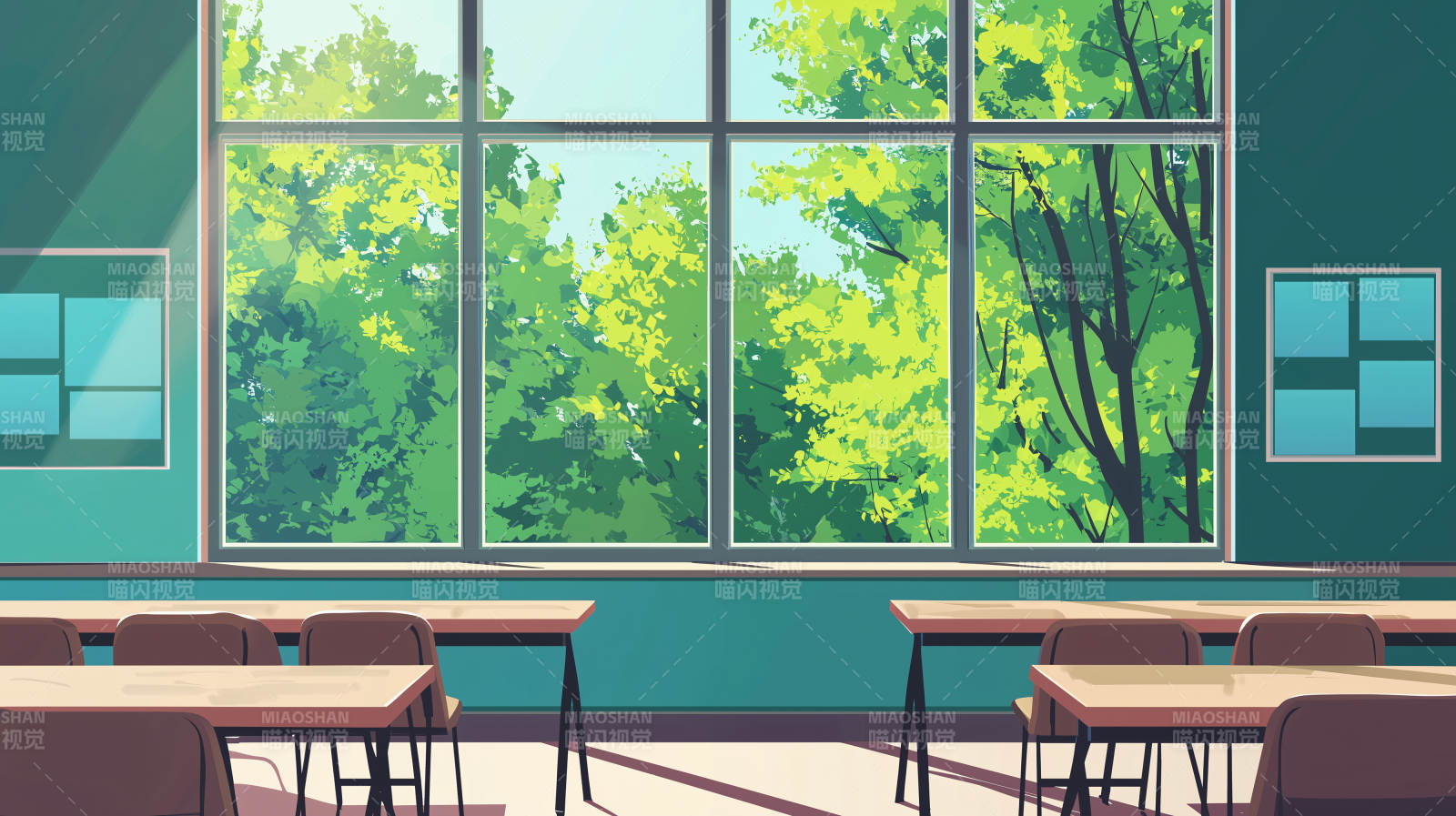 明亮教室的绿意窗景图片