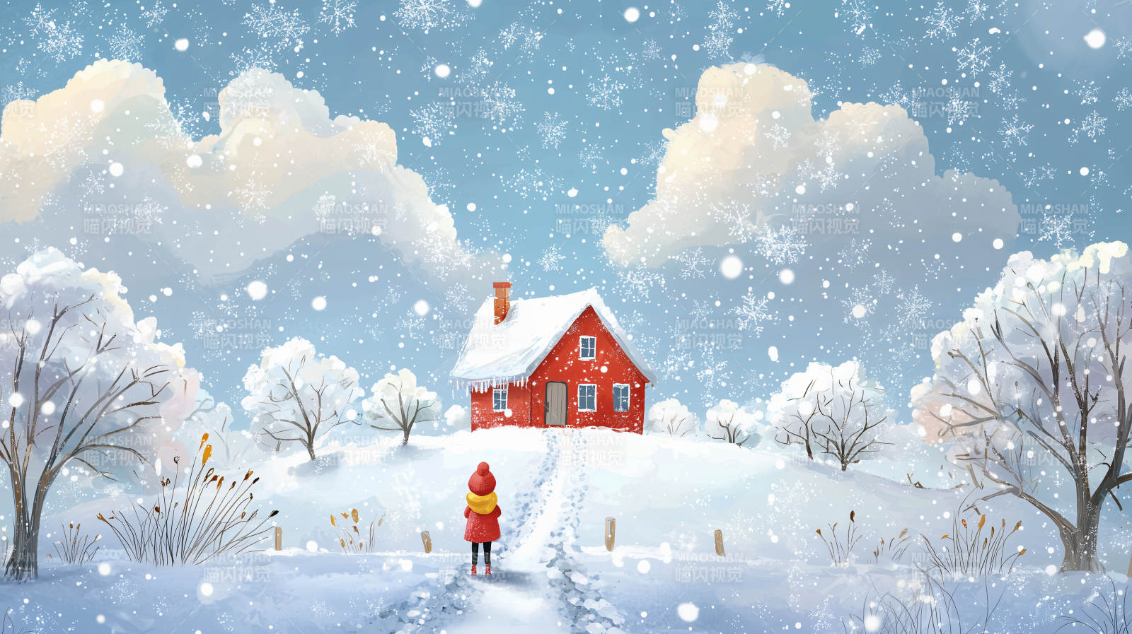 冬日雪景中的红色农舍图片