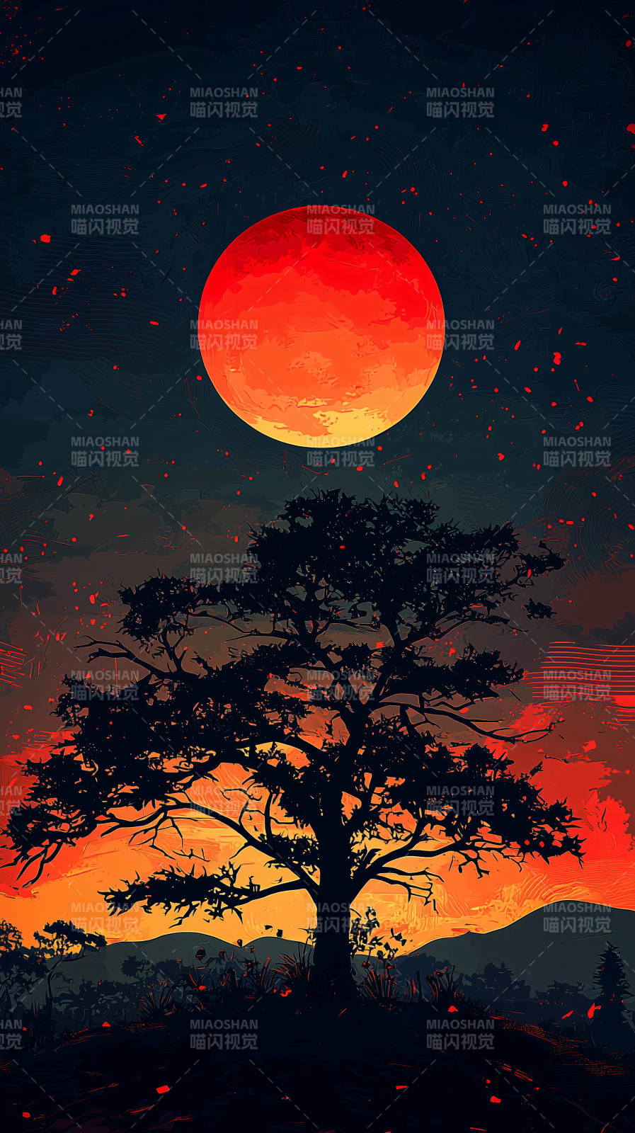 红月下的孤树图片
