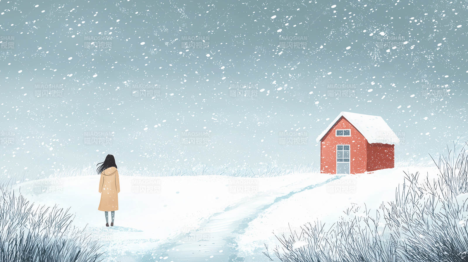 冬日雪景中的红色农舍图片