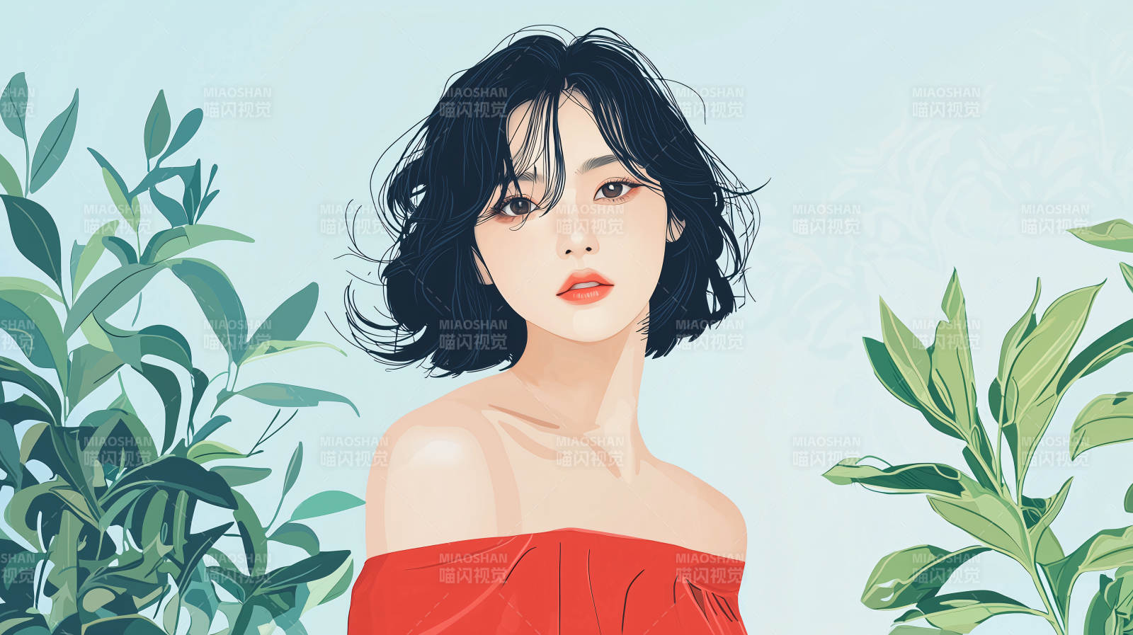 红衣少女与绿叶图片