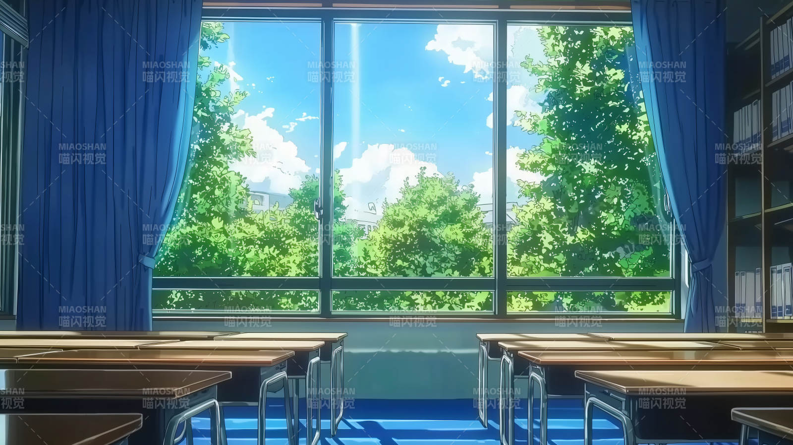 明亮教室的绿意窗景图片