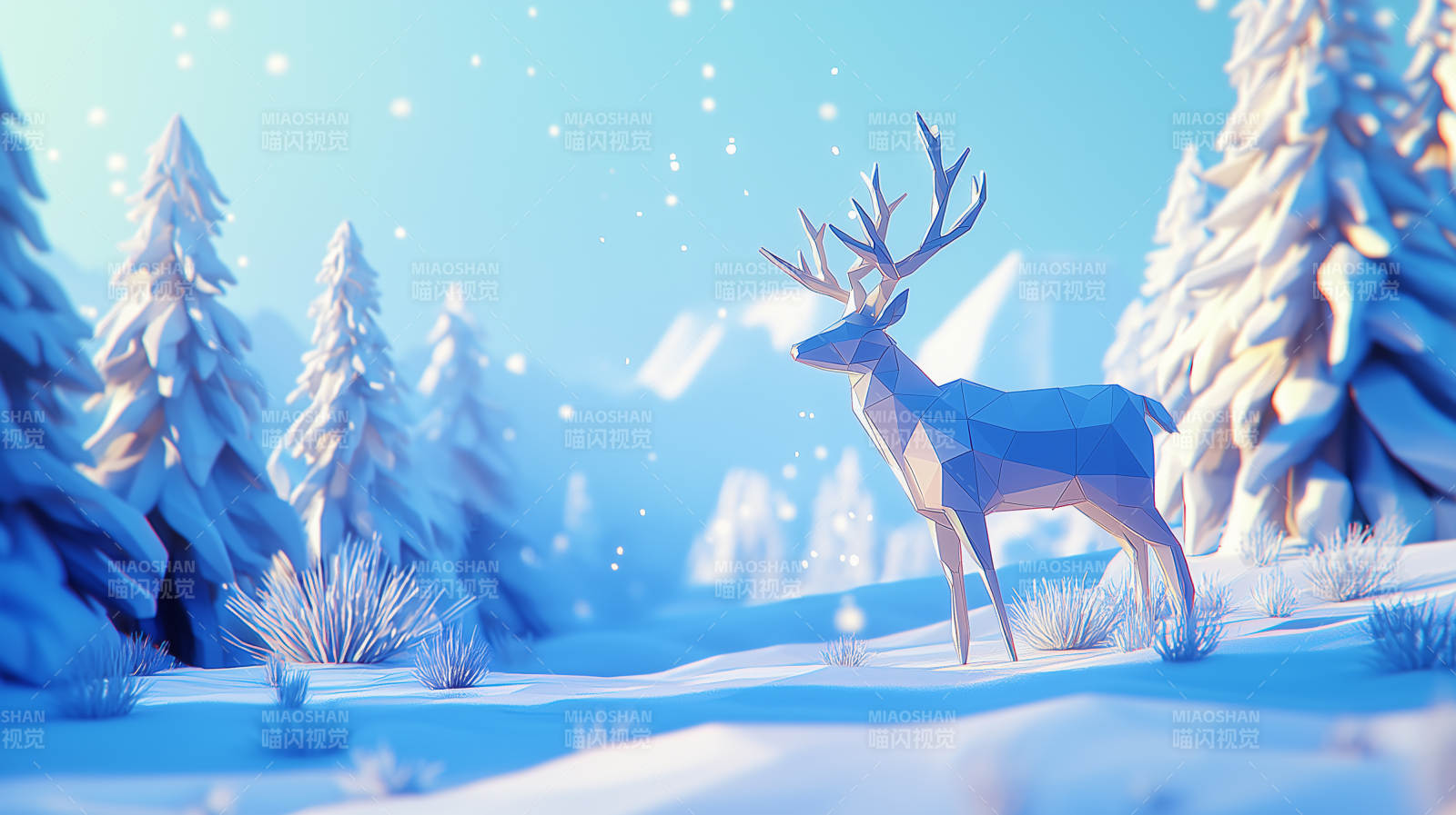 冬季仙境里的低多边形驯鹿图片