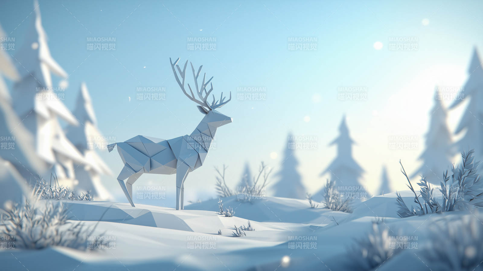 冬季仙境里的低多边形驯鹿图片