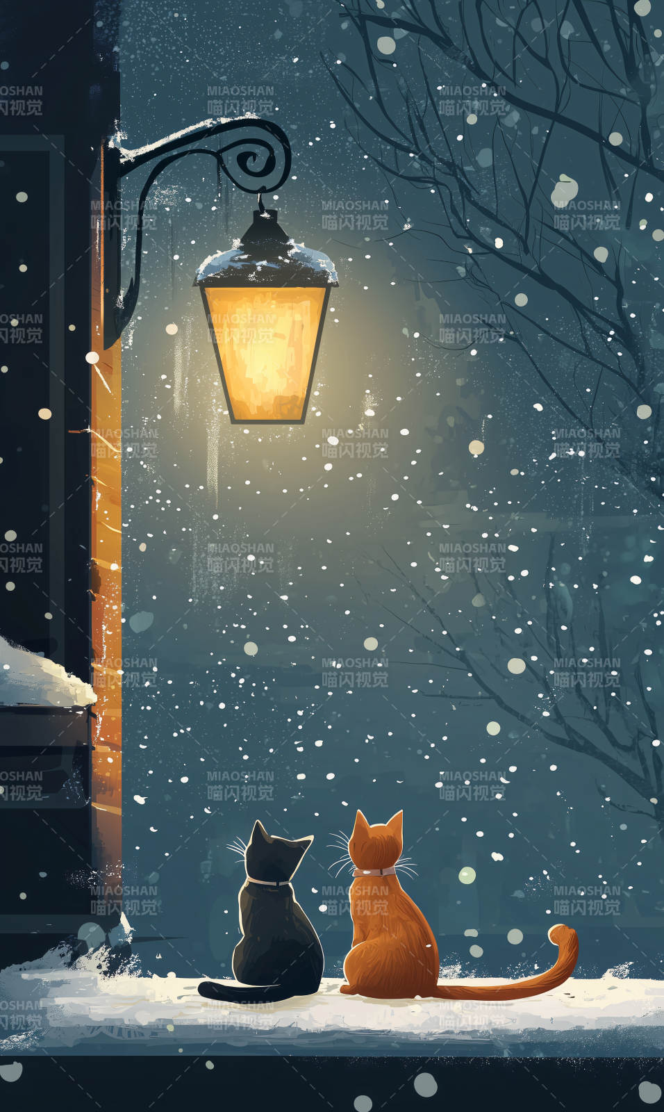 雪夜暖光下的温柔图片