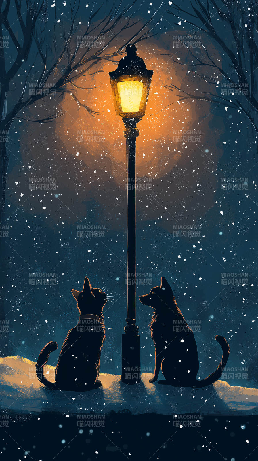 雪夜暖光下的温柔图片