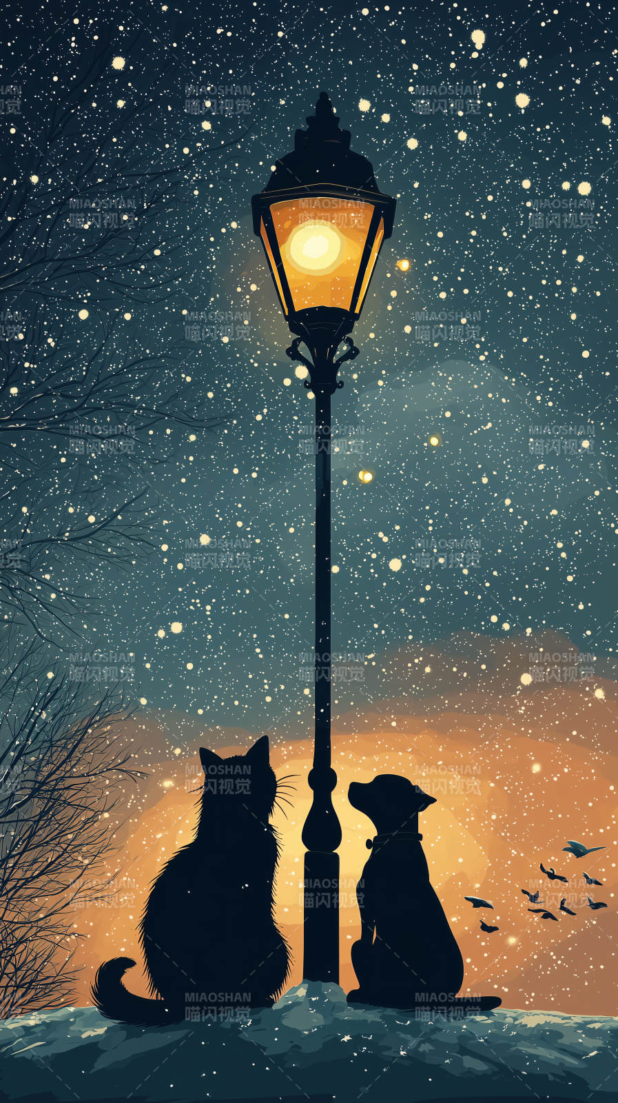 雪夜暖光下的温柔图片