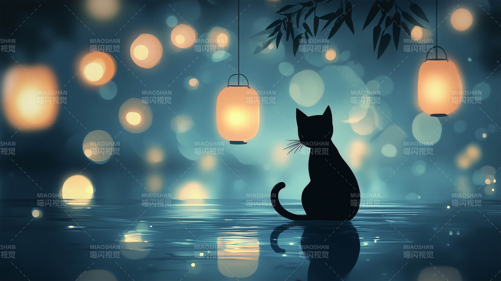 静谧夜色里的黑猫图片