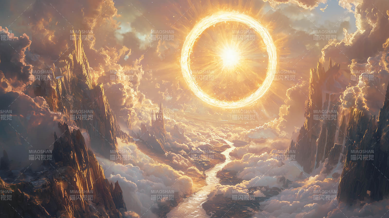 金色圣光下的奇幻山谷图片