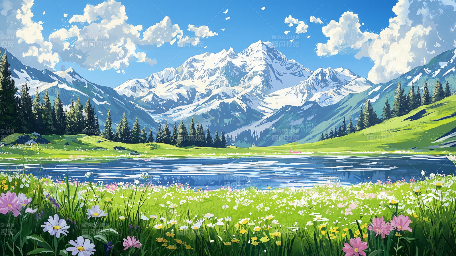 雪山环绕的野花田图片