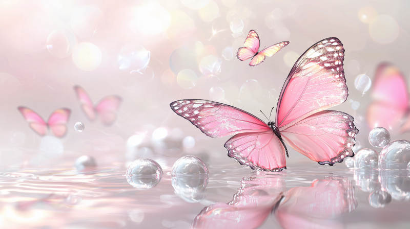 粉色蝴蝶与水珠图片