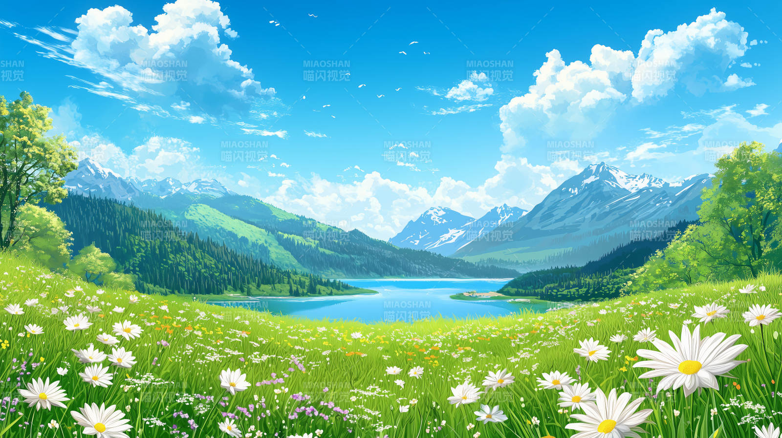 雪山环绕的野花田图片