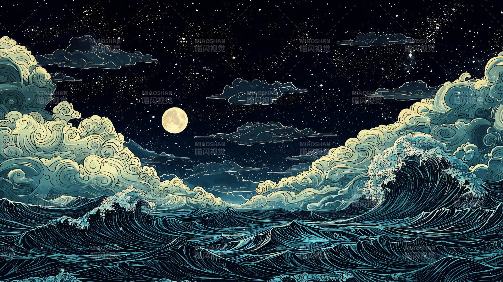 梦幻星空下的海浪图片