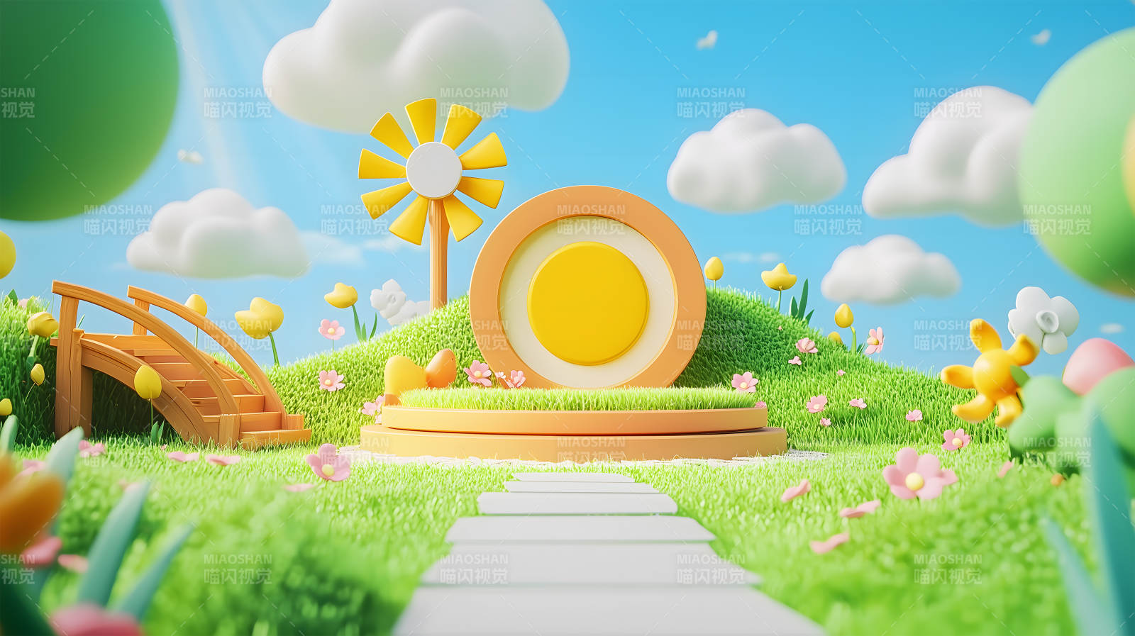 童趣草地上的圆形展台图片