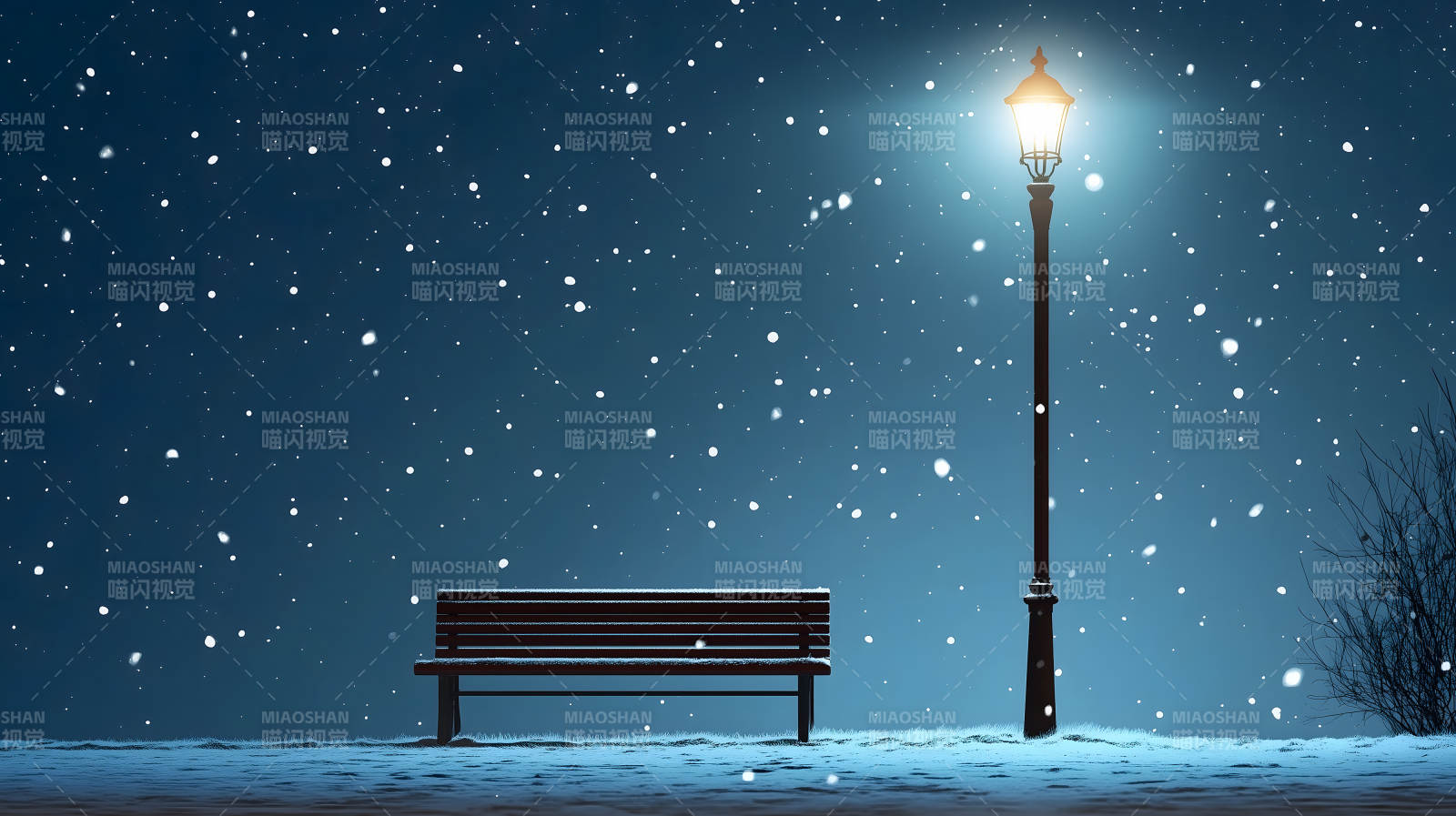 雪夜路灯下的长椅图片
