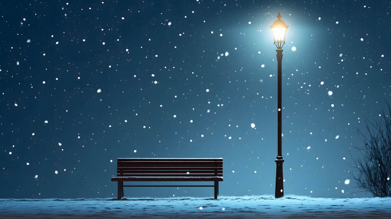 雪夜路灯下的长椅图片