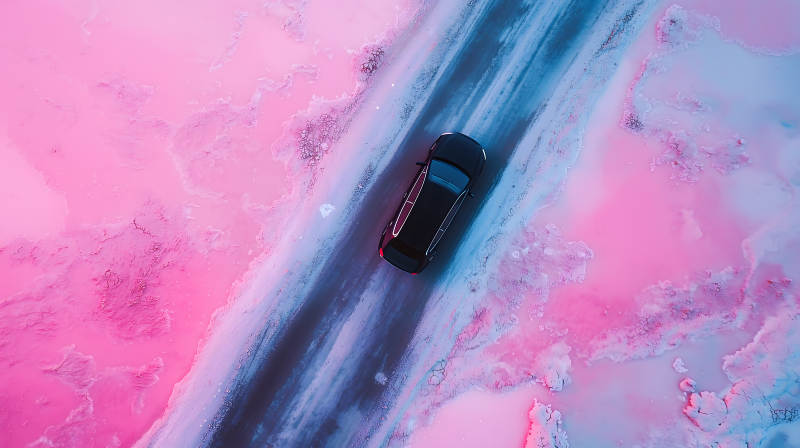 粉色盐湖上的公路之旅图片