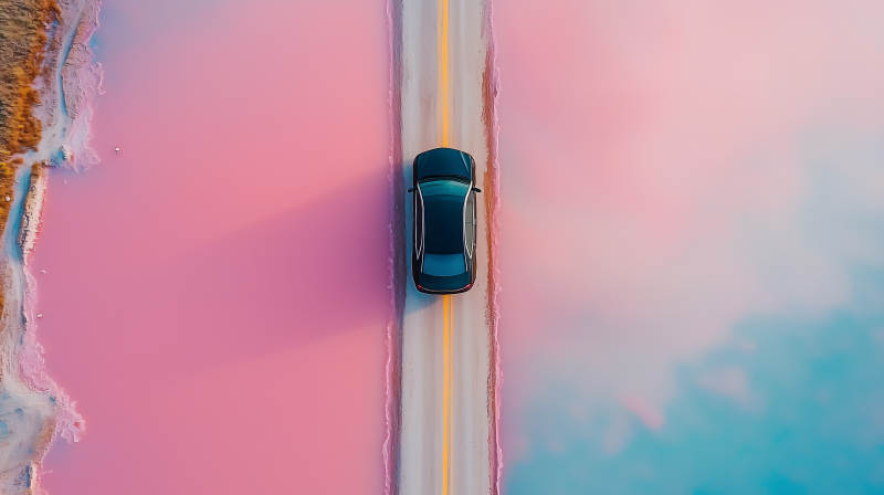 粉色盐湖上的公路之旅图片