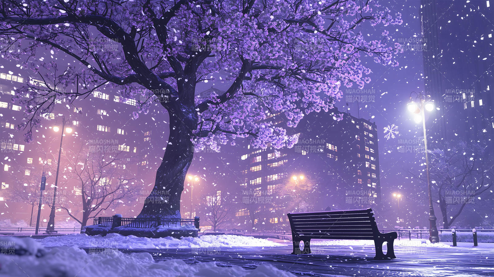 雪夜路灯下的长椅图片