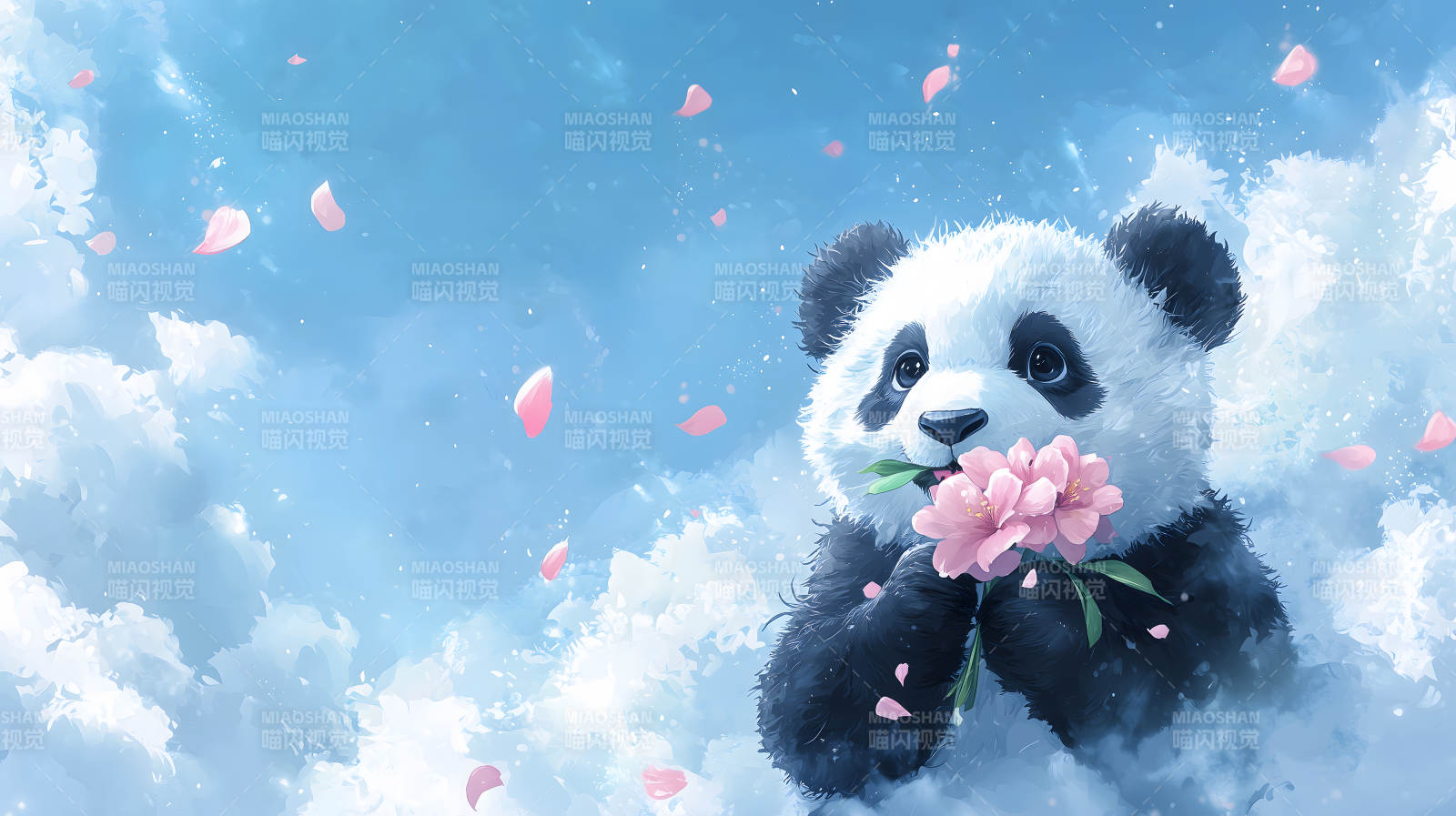 花瓣雨中的熊猫图片