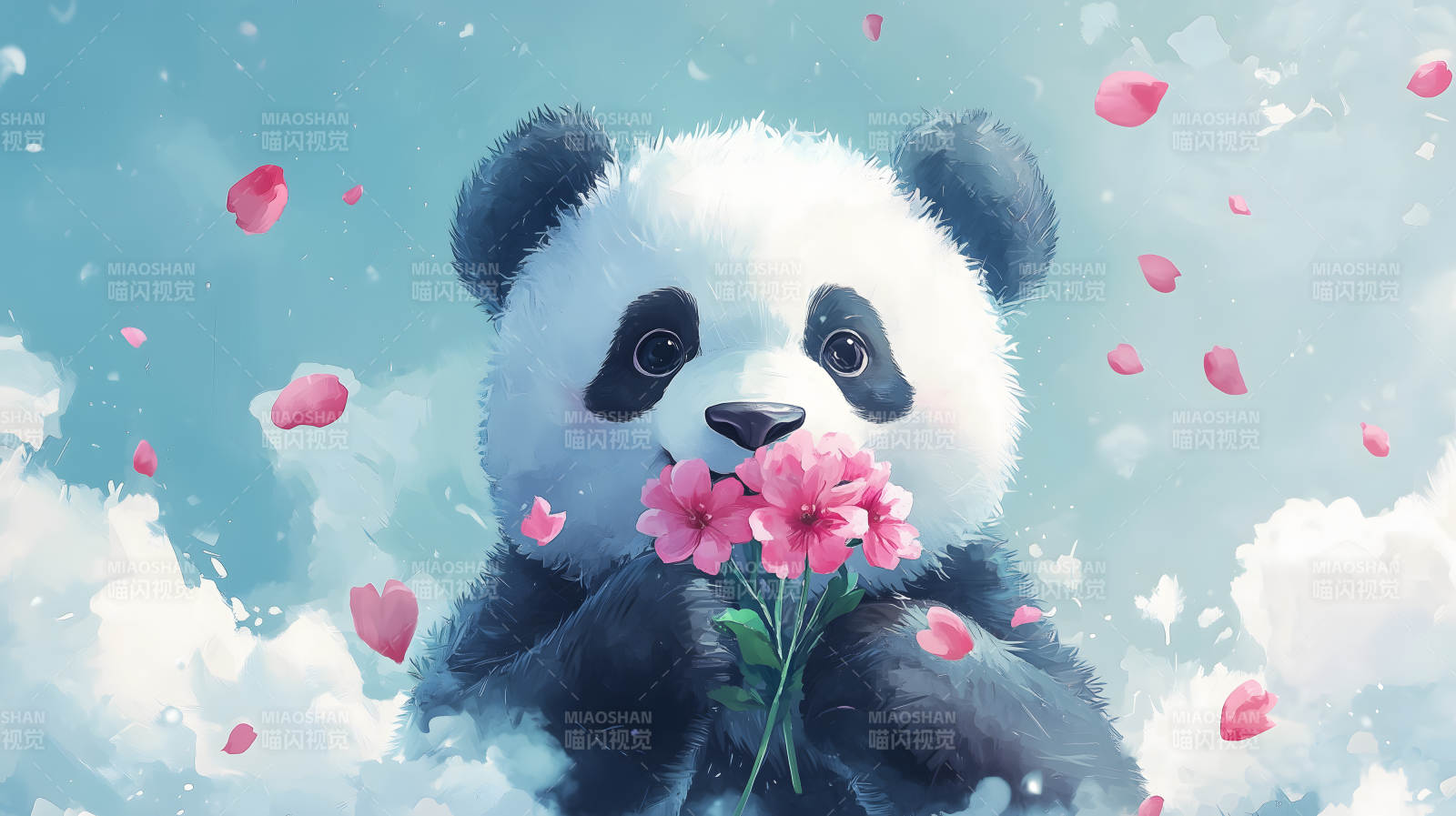 花瓣雨中的熊猫图片