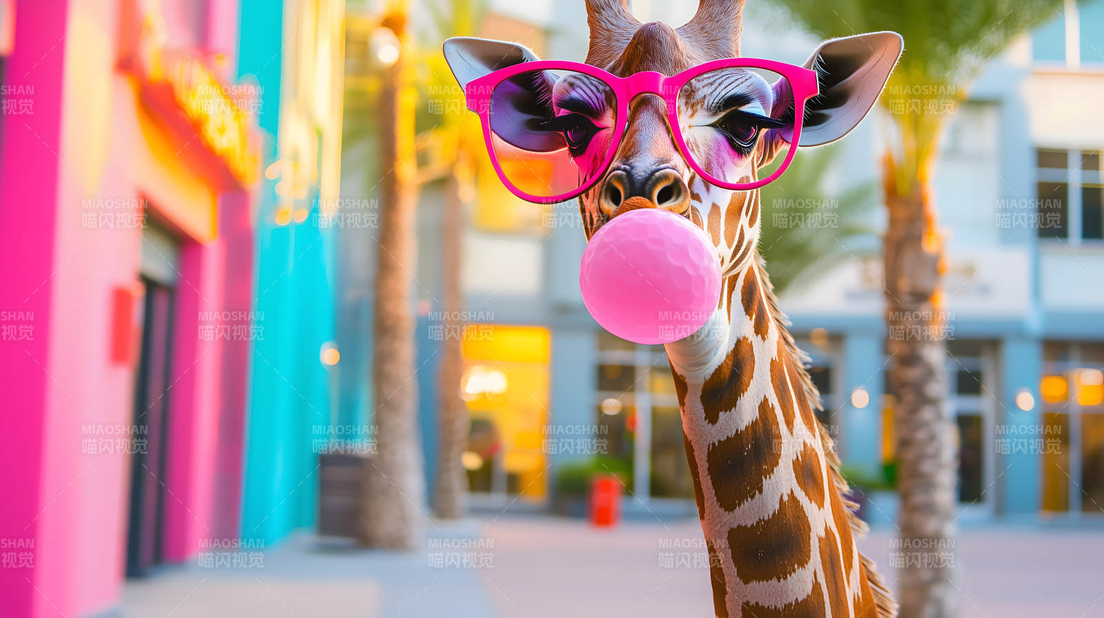 戴眼镜吹泡泡糖的长颈鹿图片