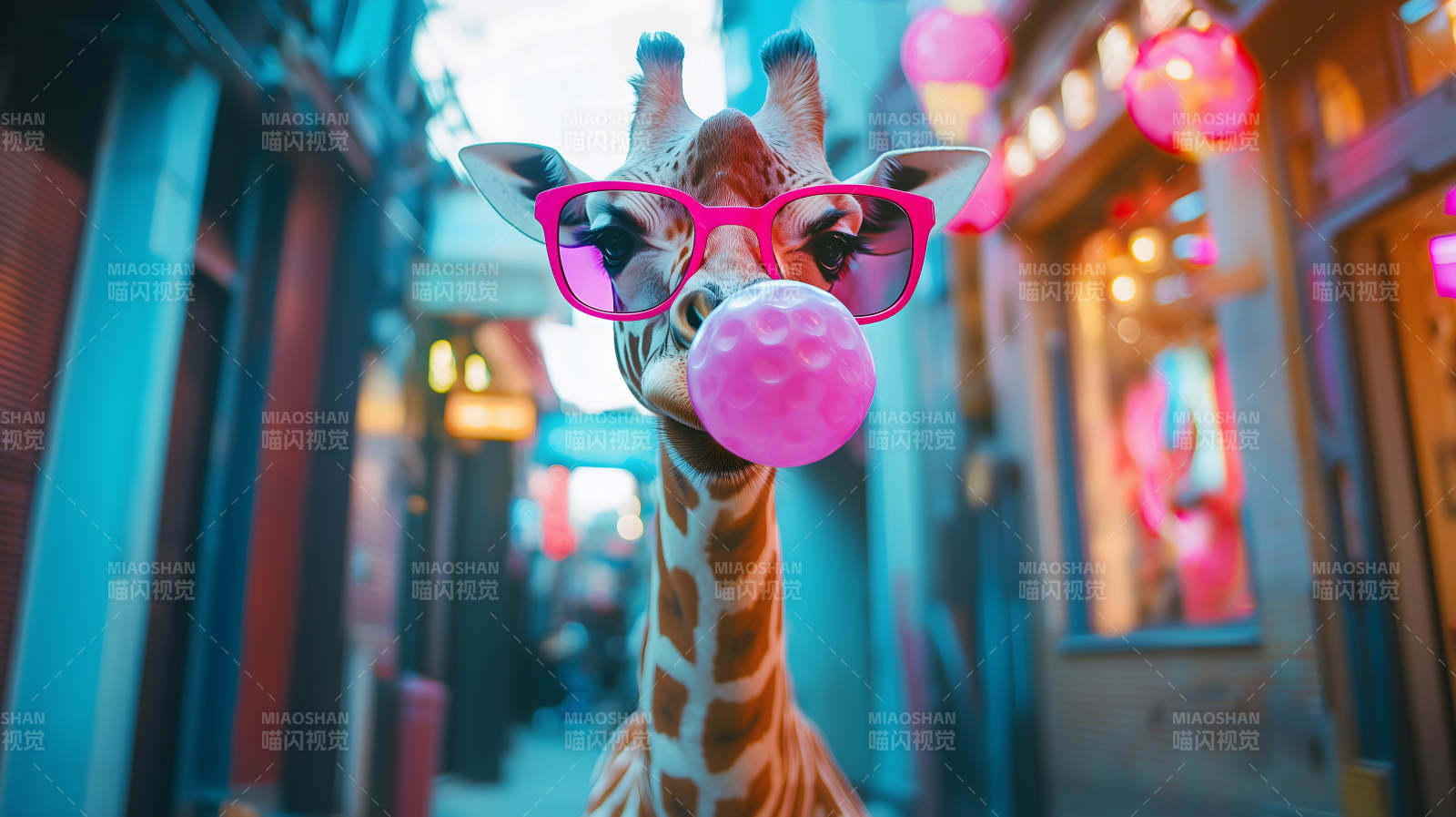 戴眼镜吹泡泡糖的长颈鹿图片