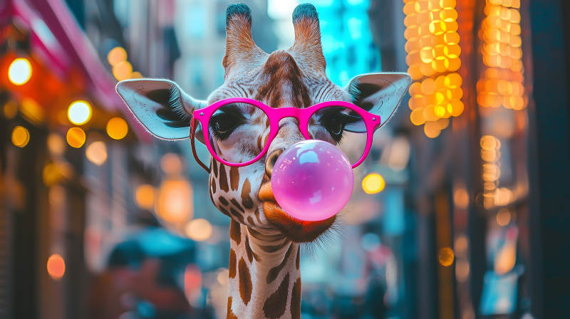 戴眼镜吹泡泡糖的长颈鹿图片