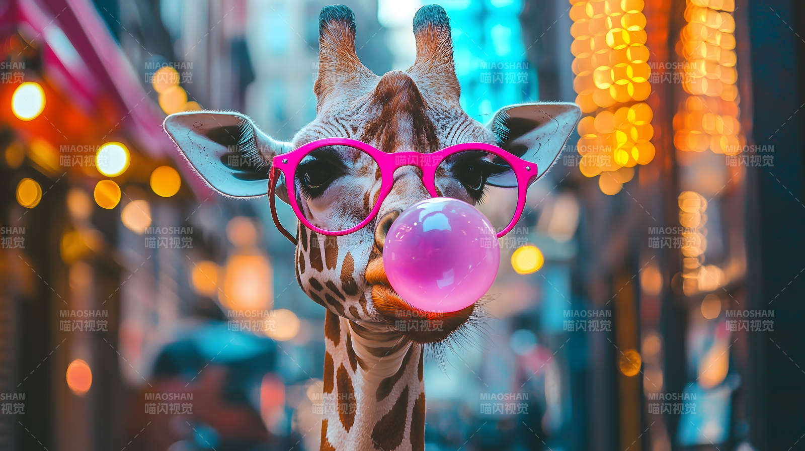 戴眼镜吹泡泡糖的长颈鹿图片