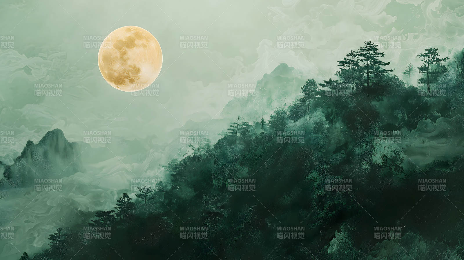 山间明月夜水墨山河月色图片