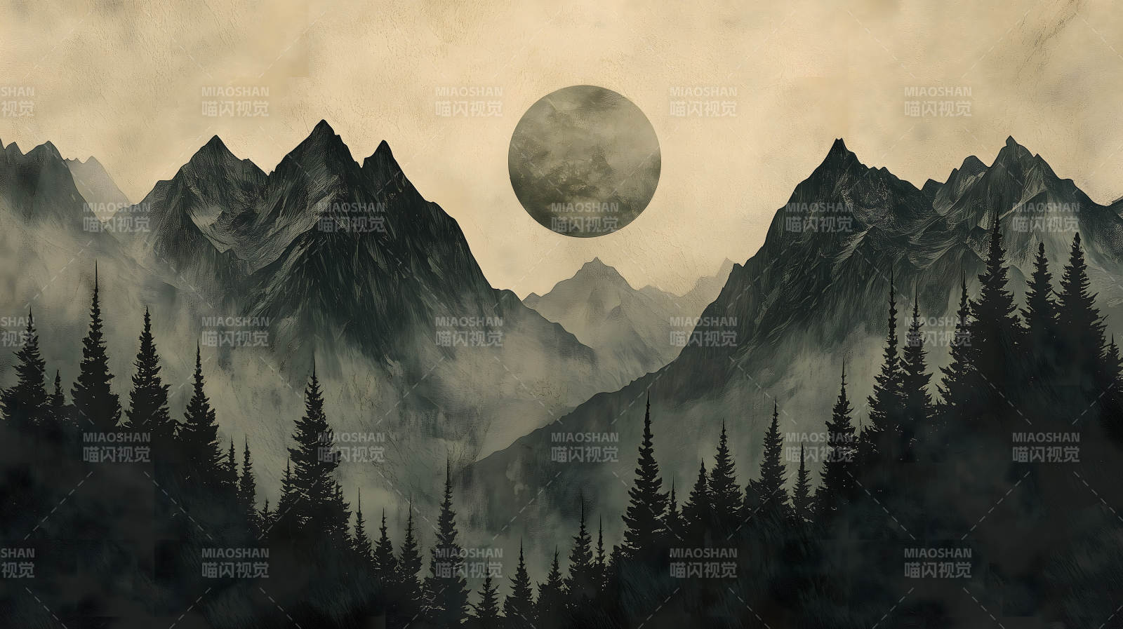 山间明月夜水墨山河月色图片