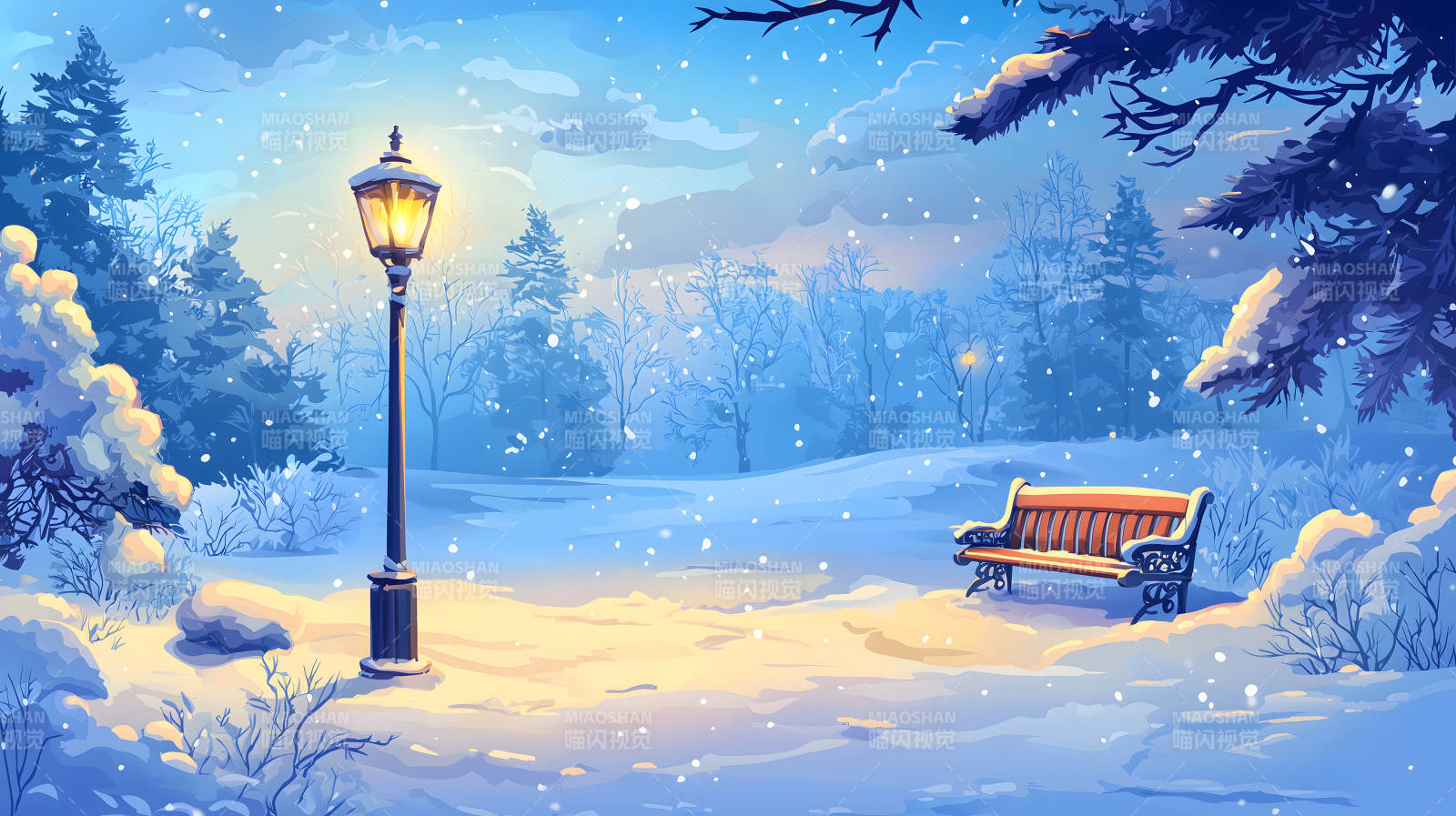 雪夜路灯下的长椅图片