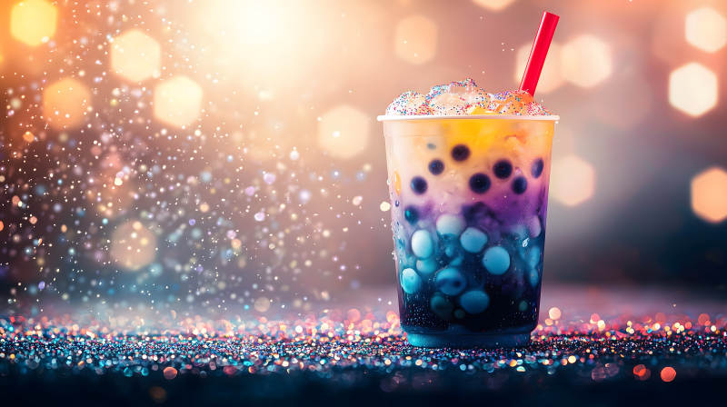 梦幻星空下的气泡饮品图片