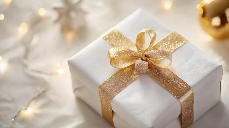金色绸带的纯白礼物图片