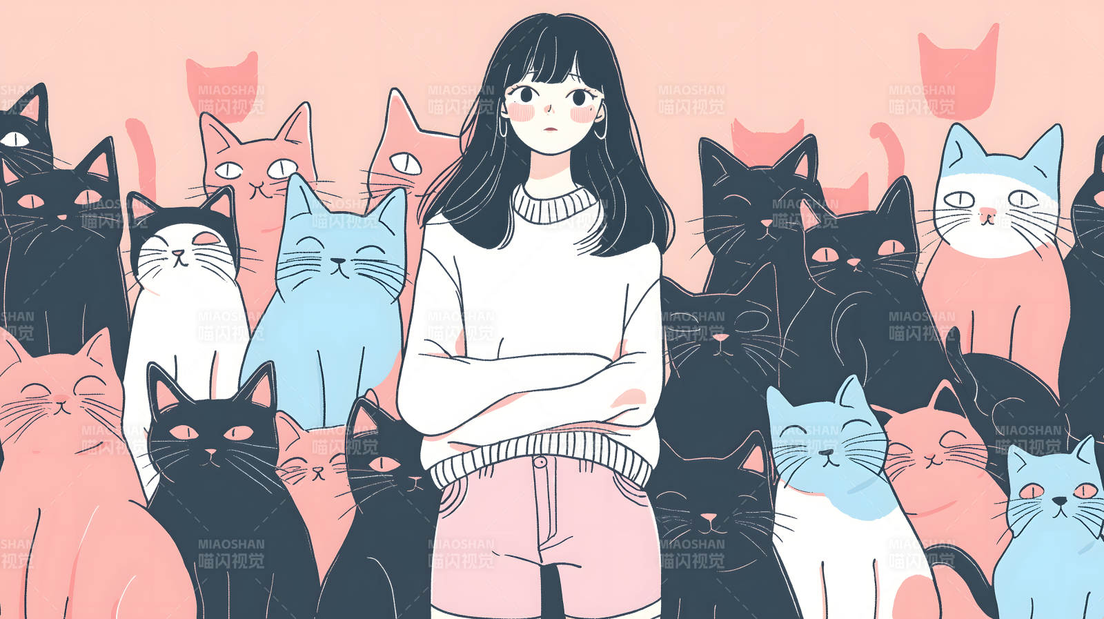 猫咪环绕的少女心事图片