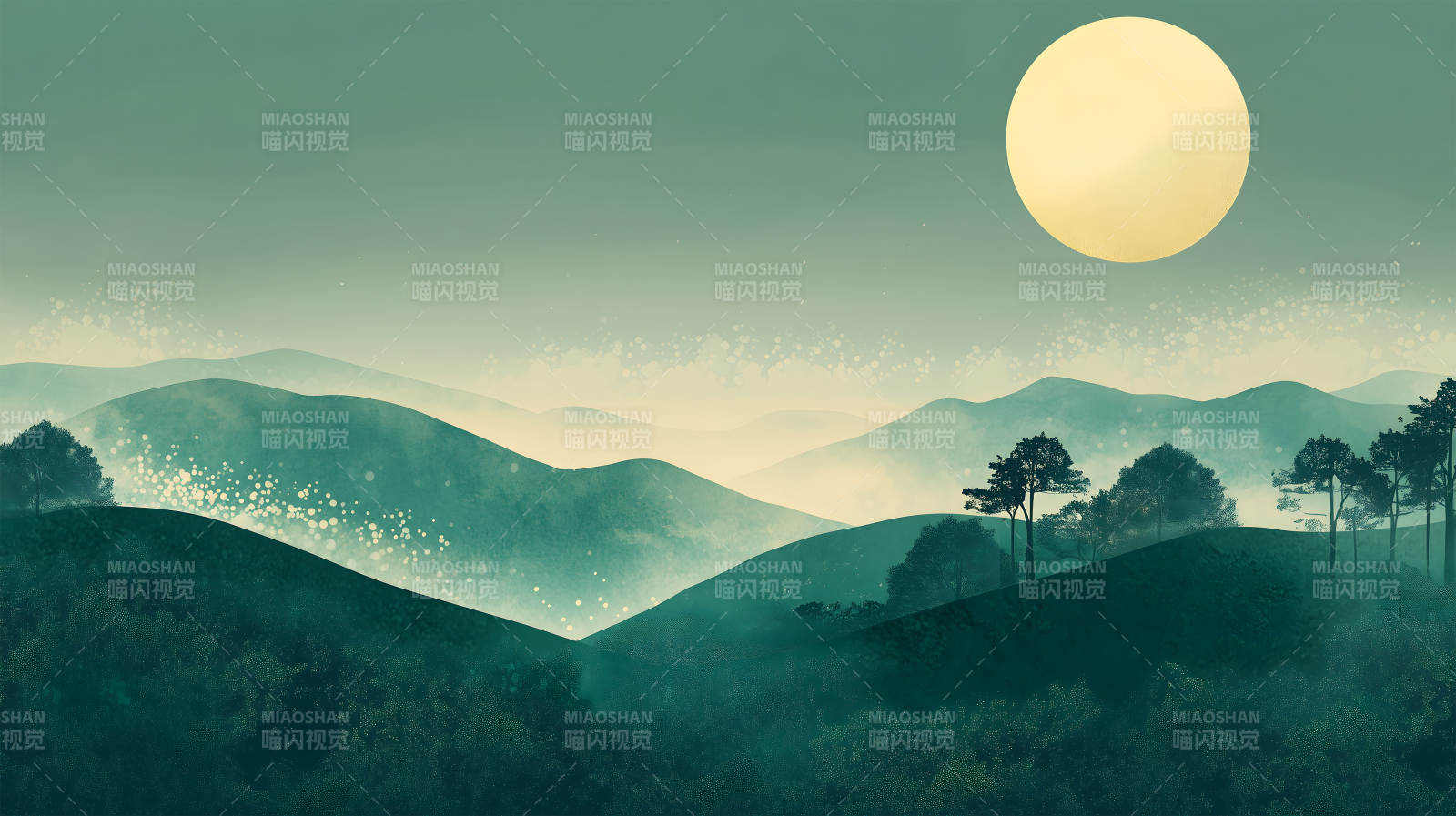 山间明月夜水墨山河月色图片