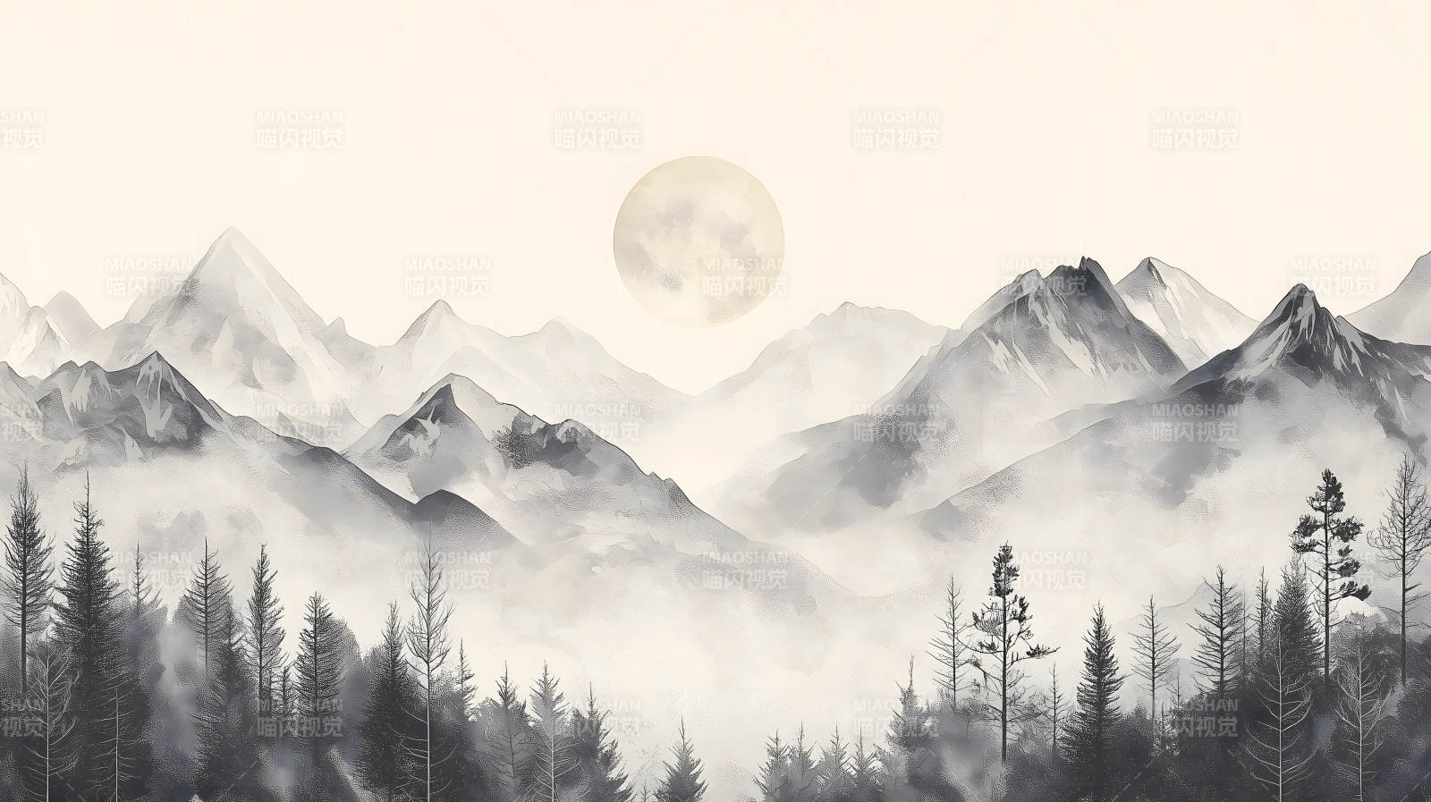 山间明月夜水墨山河月色图片