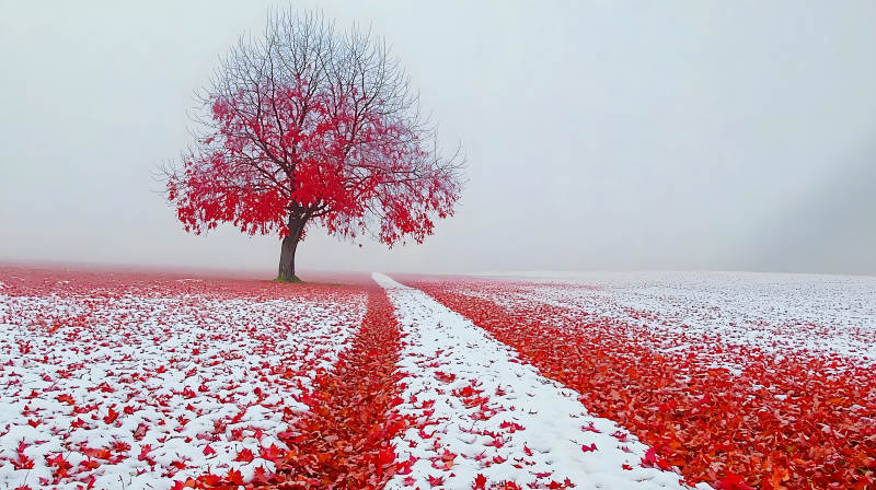 雪地红叶的诗意画卷图片