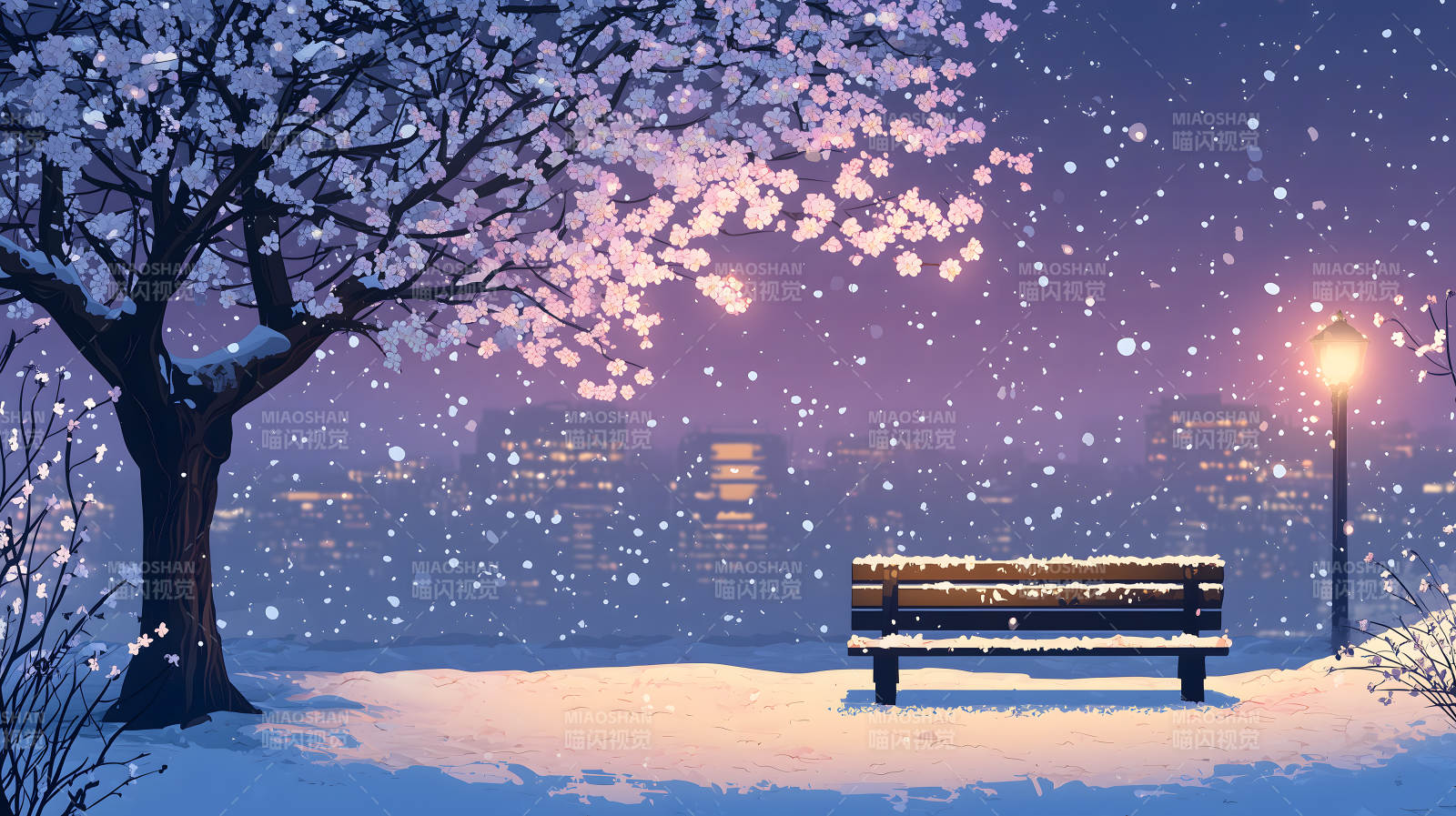 雪夜路灯下的长椅图片