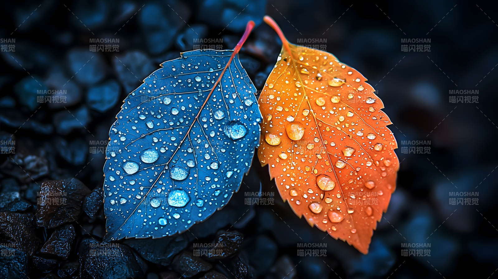 双色叶片上的水珠图片