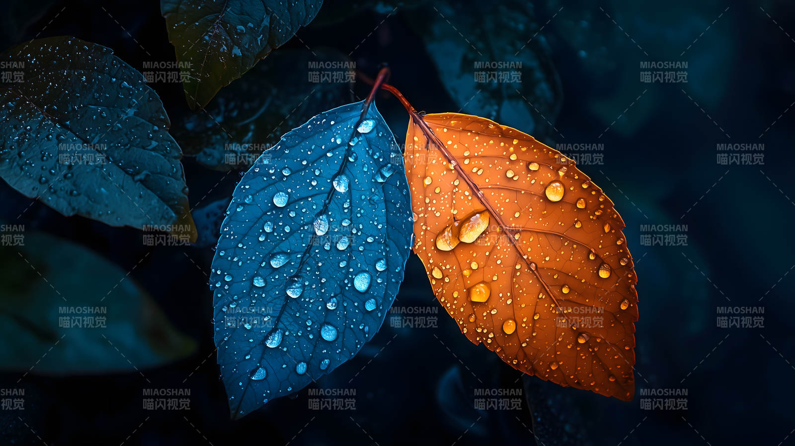 双色叶片上的水珠图片