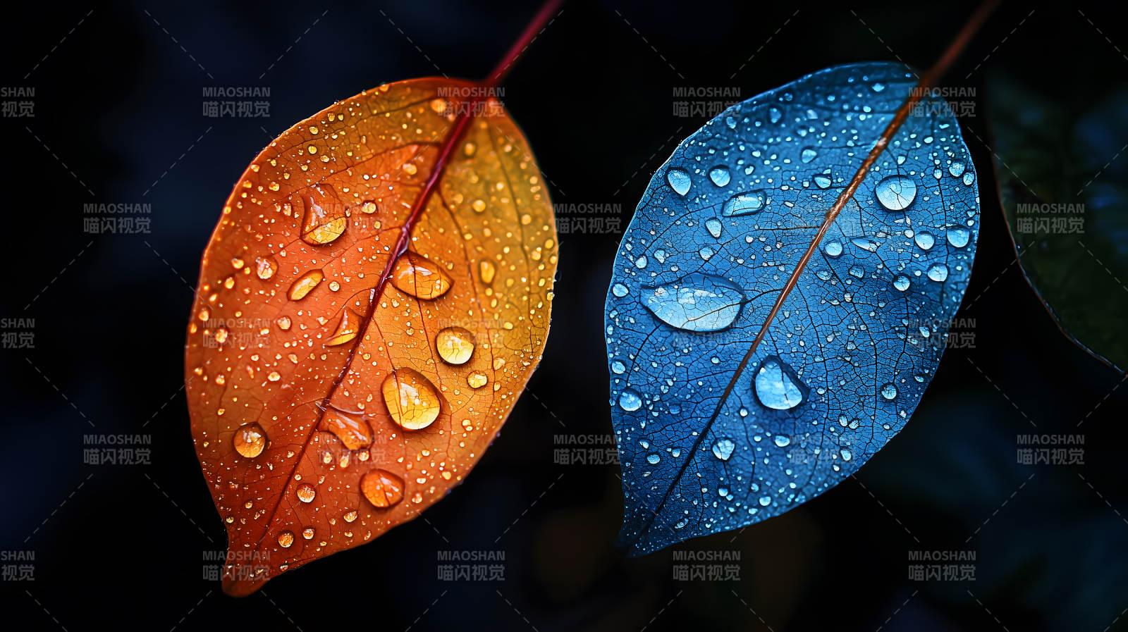 双色叶片上的水珠图片