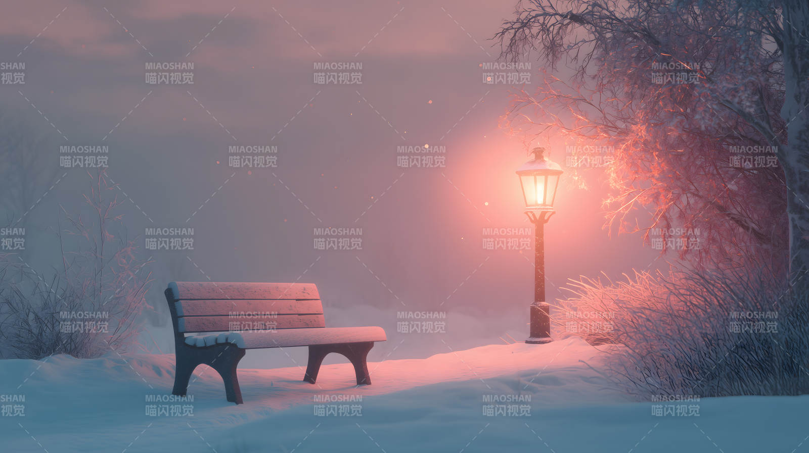 雪夜路灯下的长椅图片